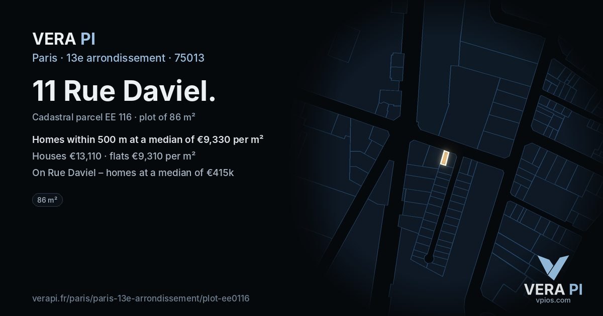 11 Rue Daviel, 13e arrondissement at night – the plot lit, the parcels around coloured by the prices near them