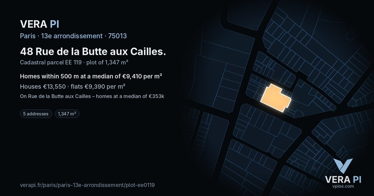 48 Rue de la Butte aux Cailles, 13e arrondissement at night – the plot lit, the parcels around coloured by the prices near them