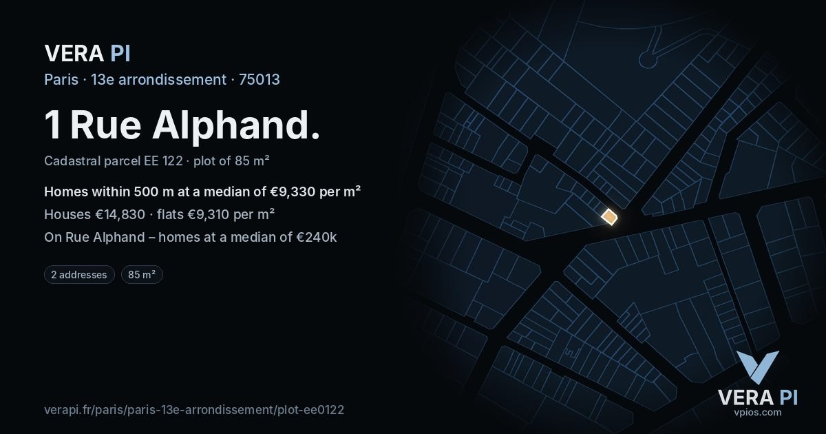 1 Rue Alphand, 13e arrondissement at night – the plot lit, the parcels around coloured by the prices near them