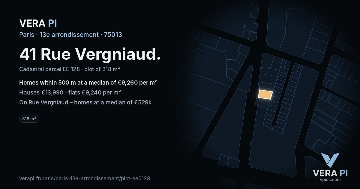 41 Rue Vergniaud, 13e arrondissement at night – the plot lit, the parcels around coloured by the prices near them
