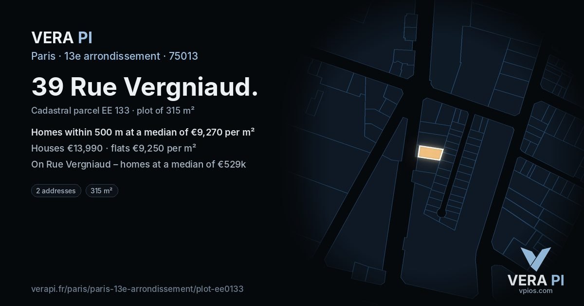 39 Rue Vergniaud, 13e arrondissement at night – the plot lit, the parcels around coloured by the prices near them