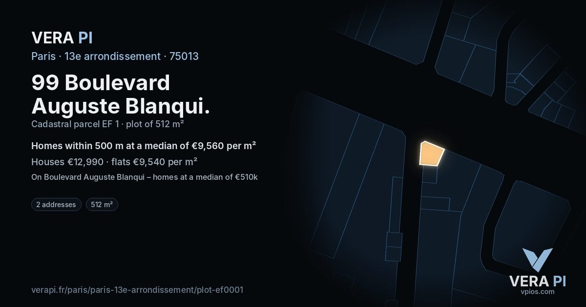 99 Boulevard Auguste Blanqui, 13e arrondissement at night – the plot lit, the parcels around coloured by the prices near them