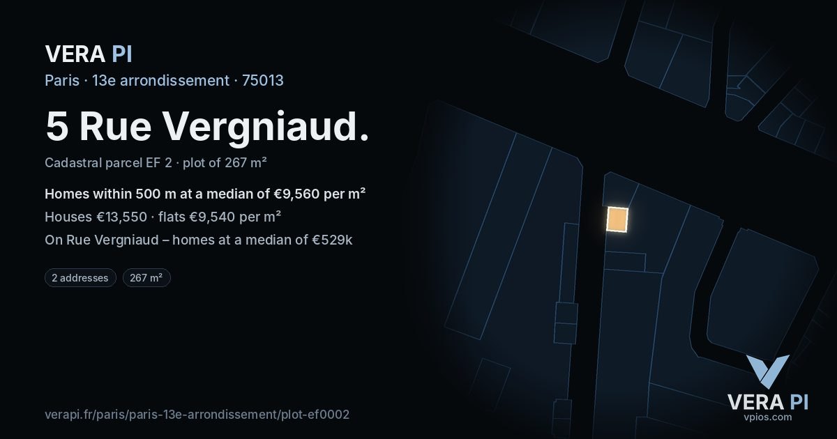 5 Rue Vergniaud, 13e arrondissement at night – the plot lit, the parcels around coloured by the prices near them
