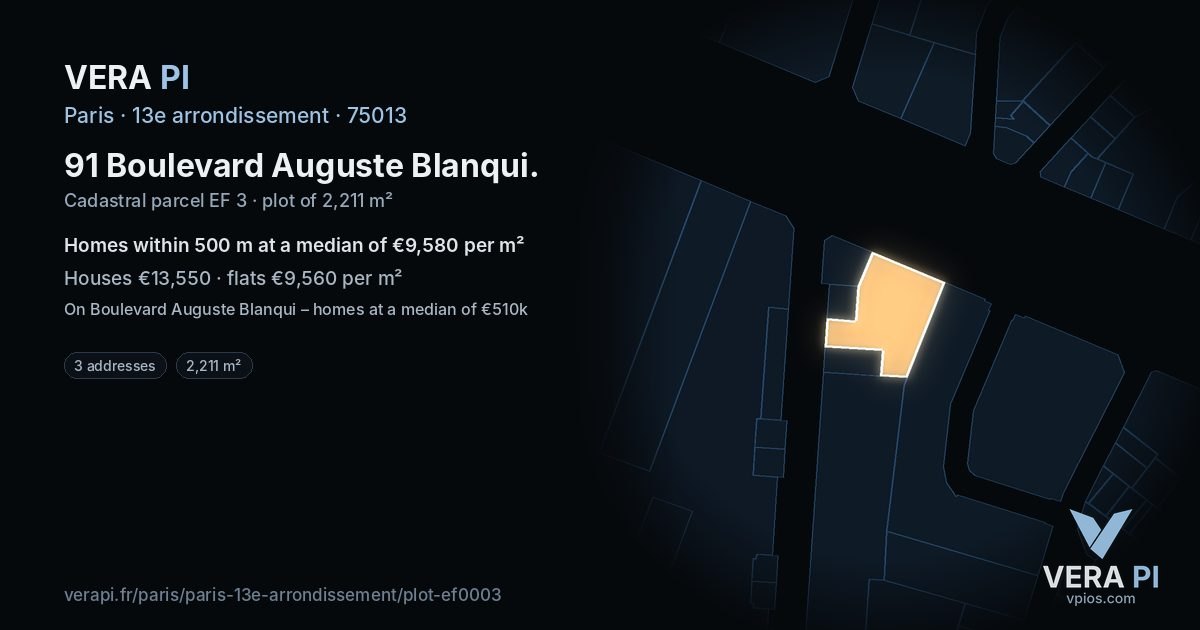91 Boulevard Auguste Blanqui, 13e arrondissement at night – the plot lit, the parcels around coloured by the prices near them