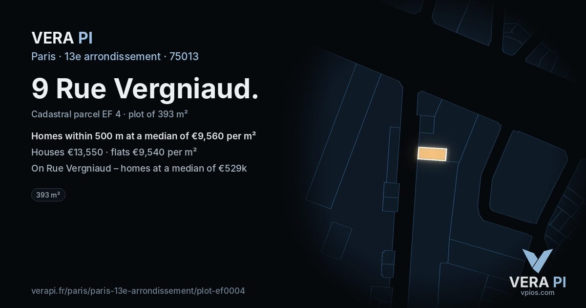 9 Rue Vergniaud, 13e arrondissement at night – the plot lit, the parcels around coloured by the prices near them