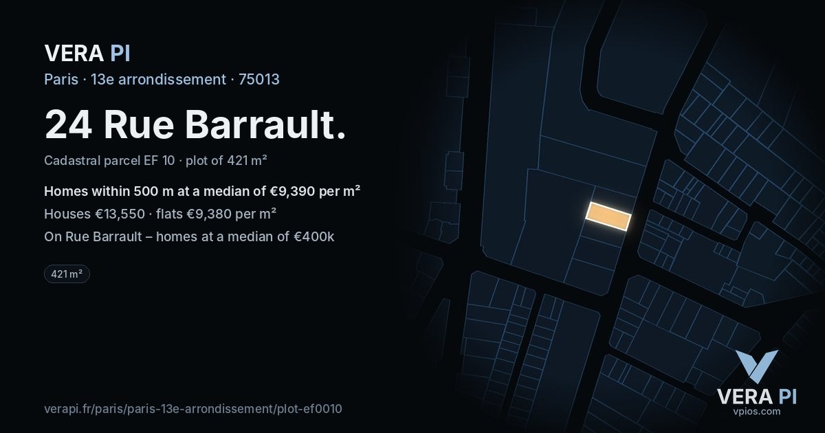 24 Rue Barrault, 13e arrondissement at night – the plot lit, the parcels around coloured by the prices near them