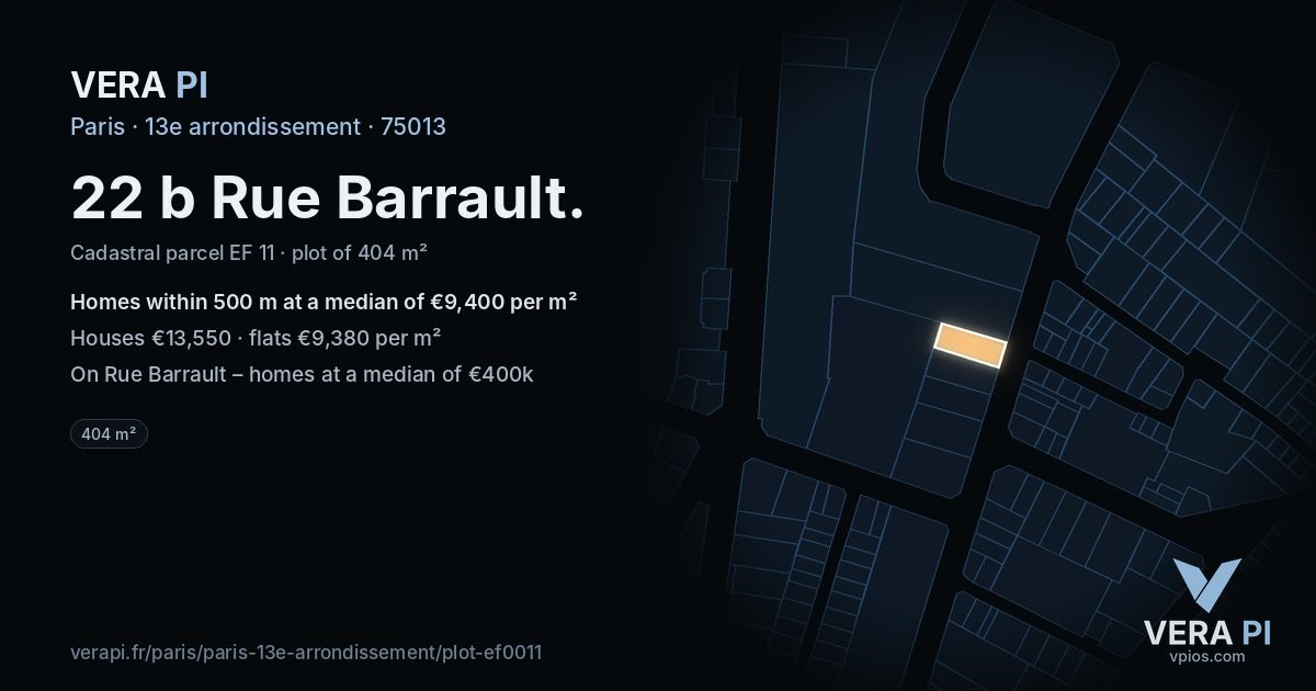 22 b Rue Barrault, 13e arrondissement at night – the plot lit, the parcels around coloured by the prices near them