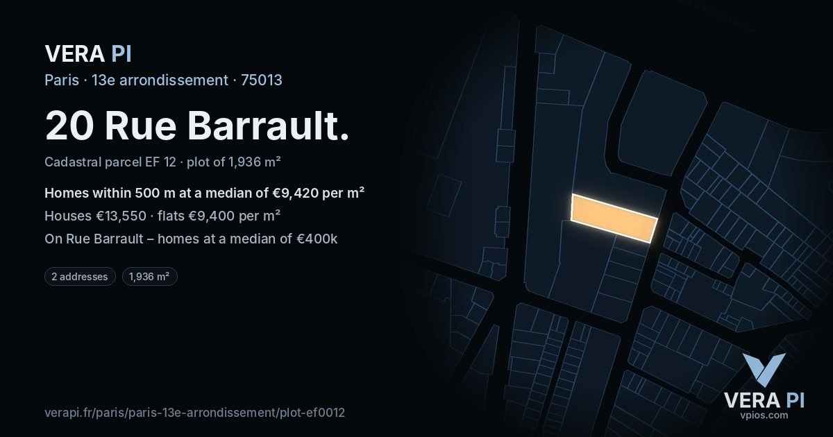 20 Rue Barrault, 13e arrondissement at night – the plot lit, the parcels around coloured by the prices near them