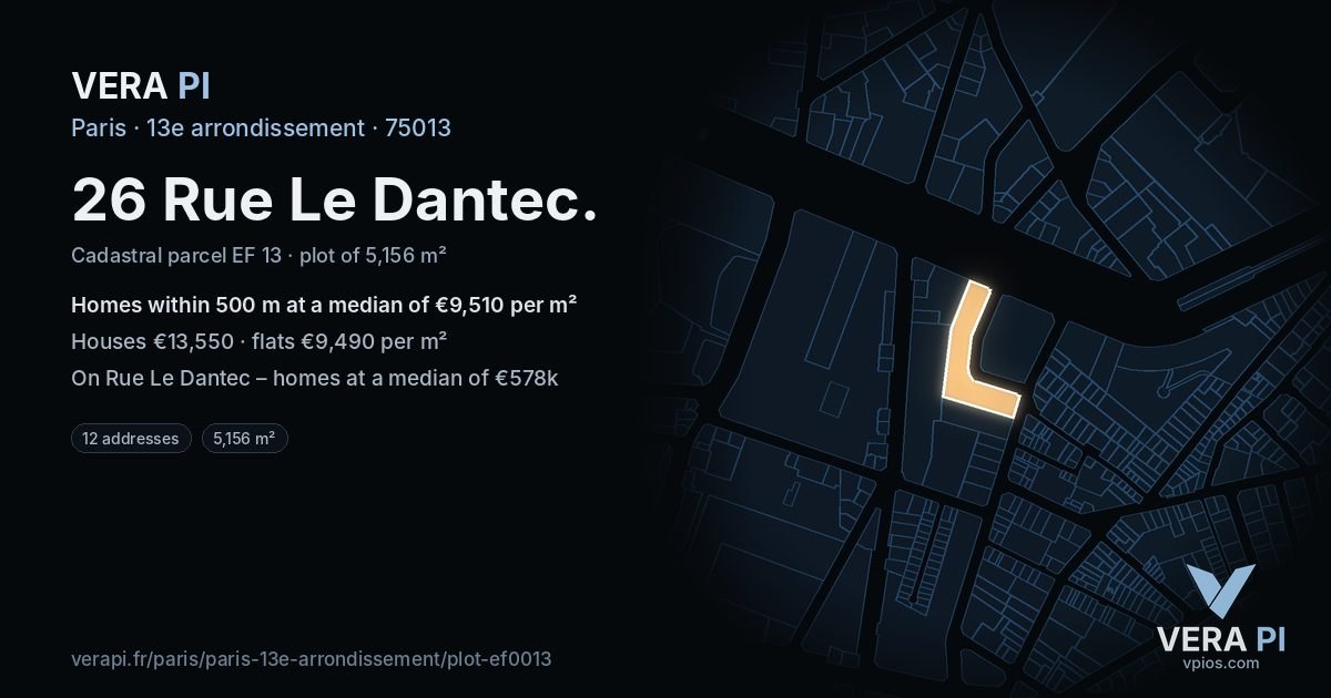 26 Rue Le Dantec, 13e arrondissement at night – the plot lit, the parcels around coloured by the prices near them