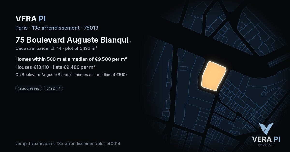 75 Boulevard Auguste Blanqui, 13e arrondissement at night – the plot lit, the parcels around coloured by the prices near them