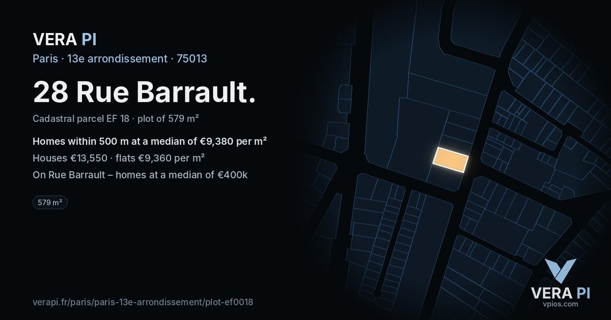 28 Rue Barrault, 13e arrondissement at night – the plot lit, the parcels around coloured by the prices near them