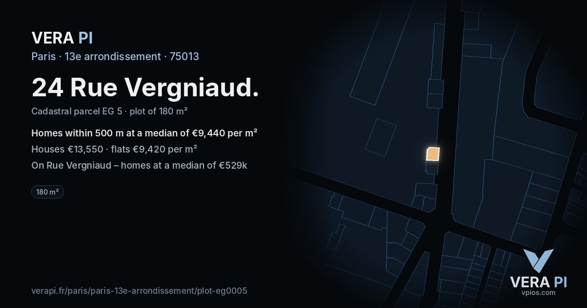 24 Rue Vergniaud, 13e arrondissement at night – the plot lit, the parcels around coloured by the prices near them