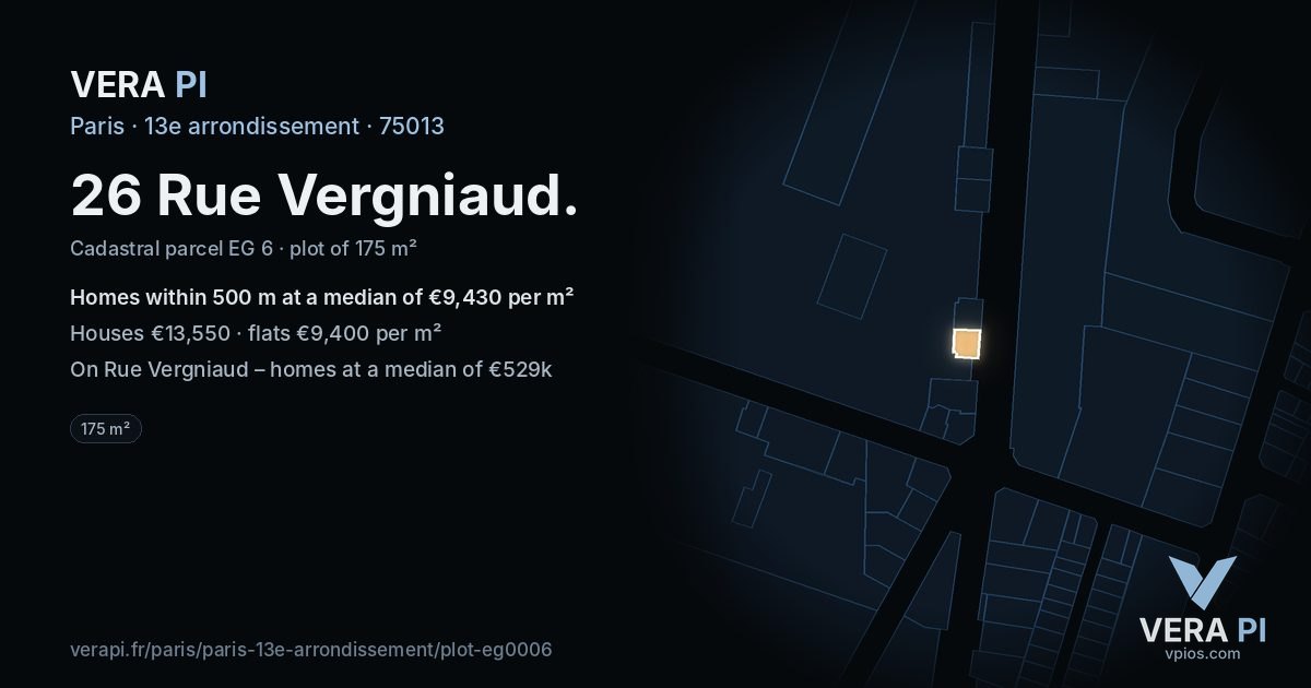 26 Rue Vergniaud, 13e arrondissement at night – the plot lit, the parcels around coloured by the prices near them