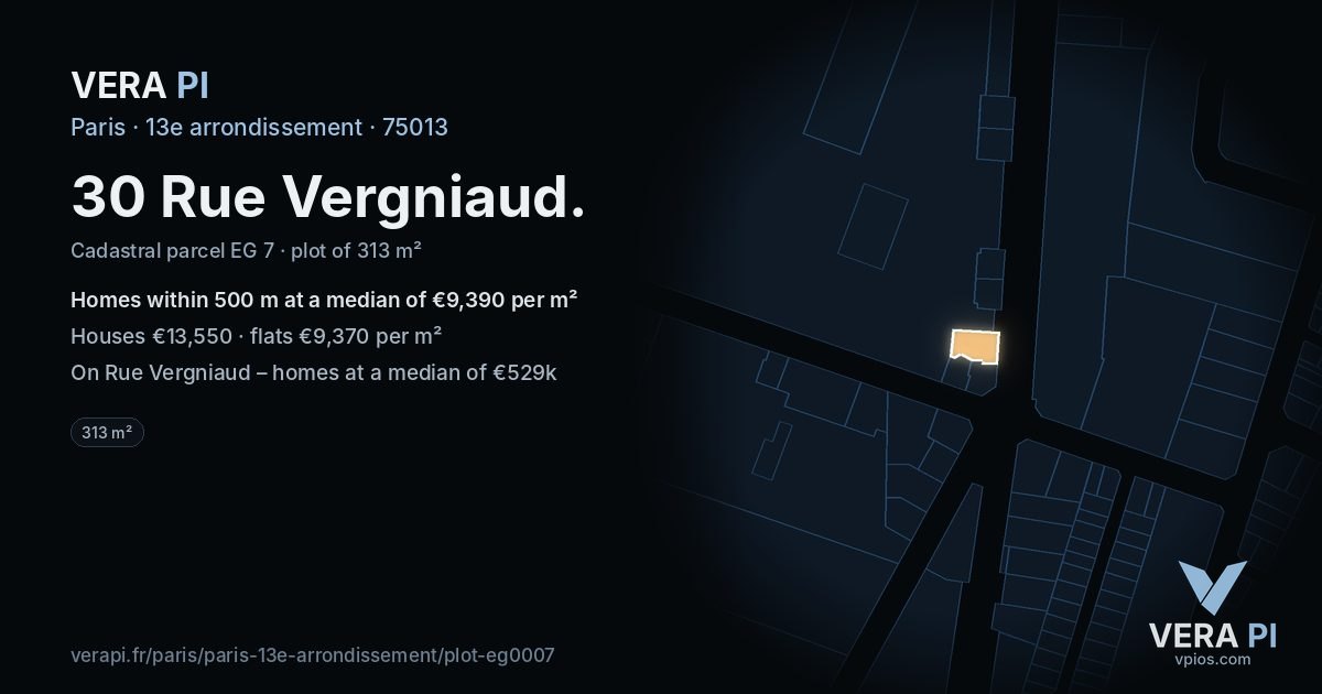 30 Rue Vergniaud, 13e arrondissement at night – the plot lit, the parcels around coloured by the prices near them