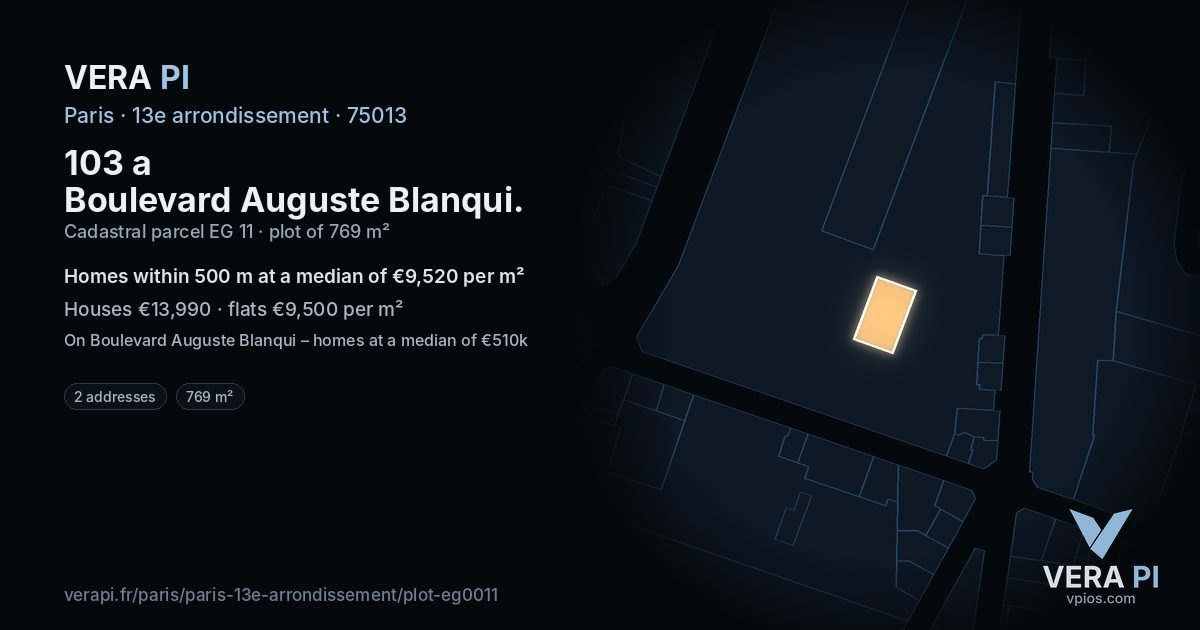 103 a Boulevard Auguste Blanqui, 13e arrondissement at night – the plot lit, the parcels around coloured by the prices near them