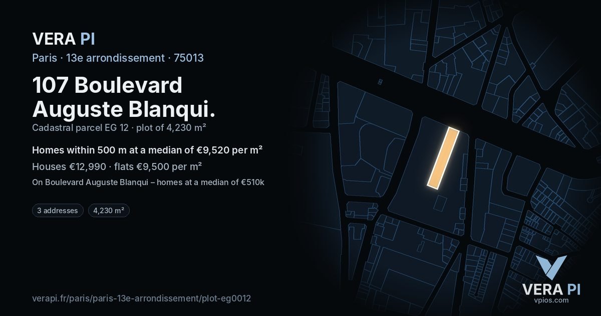 107 Boulevard Auguste Blanqui, 13e arrondissement at night – the plot lit, the parcels around coloured by the prices near them