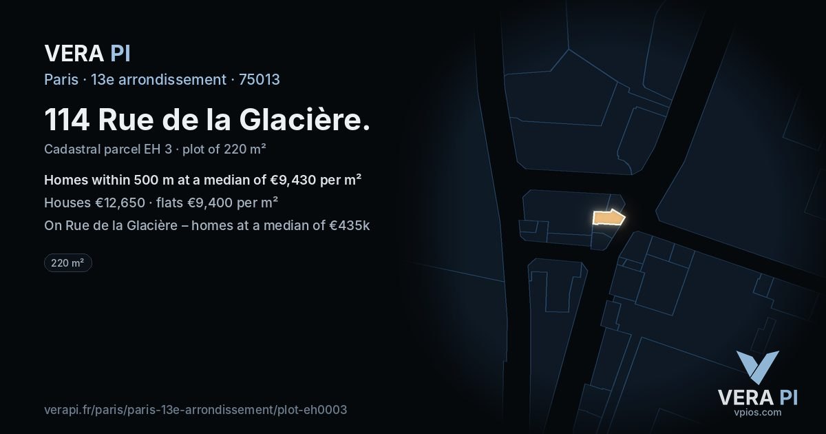 114 Rue de la Glacière, 13e arrondissement at night – the plot lit, the parcels around coloured by the prices near them