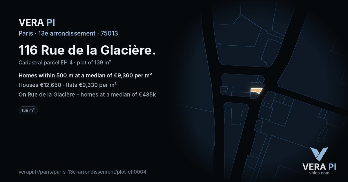 116 Rue de la Glacière, 13e arrondissement at night – the plot lit, the parcels around coloured by the prices near them