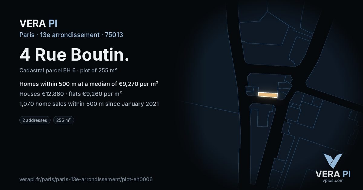4 Rue Boutin, 13e arrondissement at night – the plot lit, the parcels around coloured by the prices near them