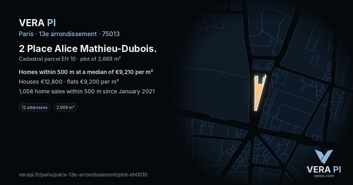 2 Place Alice Mathieu-Dubois, 13e arrondissement at night – the plot lit, the parcels around coloured by the prices near them