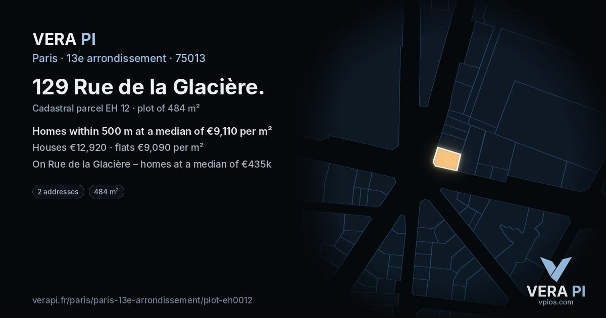 129 Rue de la Glacière, 13e arrondissement at night – the plot lit, the parcels around coloured by the prices near them