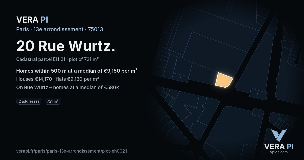 20 Rue Wurtz, 13e arrondissement at night – the plot lit, the parcels around coloured by the prices near them