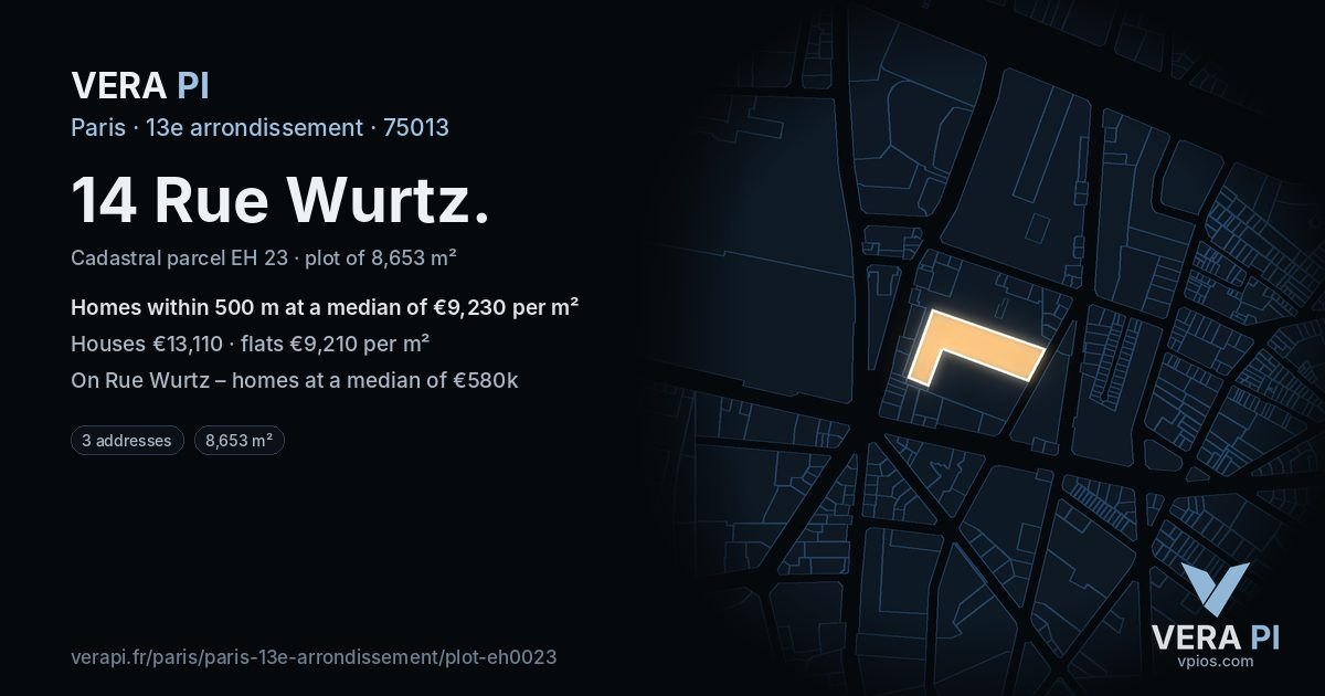 14 Rue Wurtz, 13e arrondissement at night – the plot lit, the parcels around coloured by the prices near them