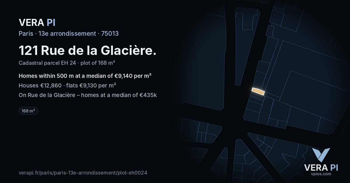 121 Rue de la Glacière, 13e arrondissement at night – the plot lit, the parcels around coloured by the prices near them
