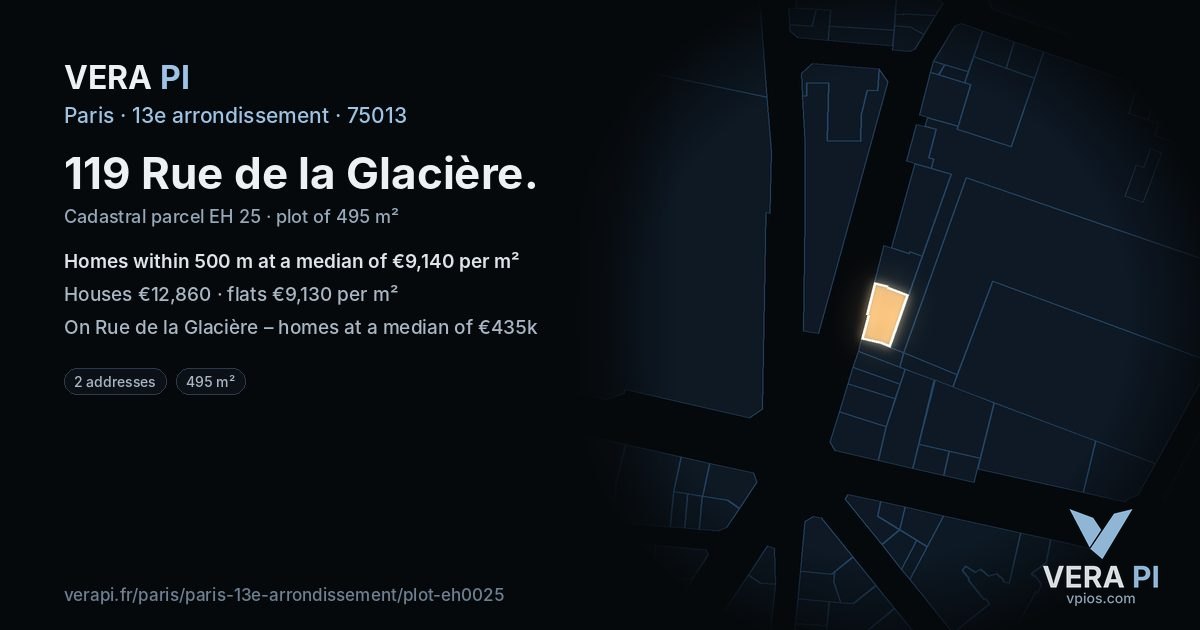 119 Rue de la Glacière, 13e arrondissement at night – the plot lit, the parcels around coloured by the prices near them
