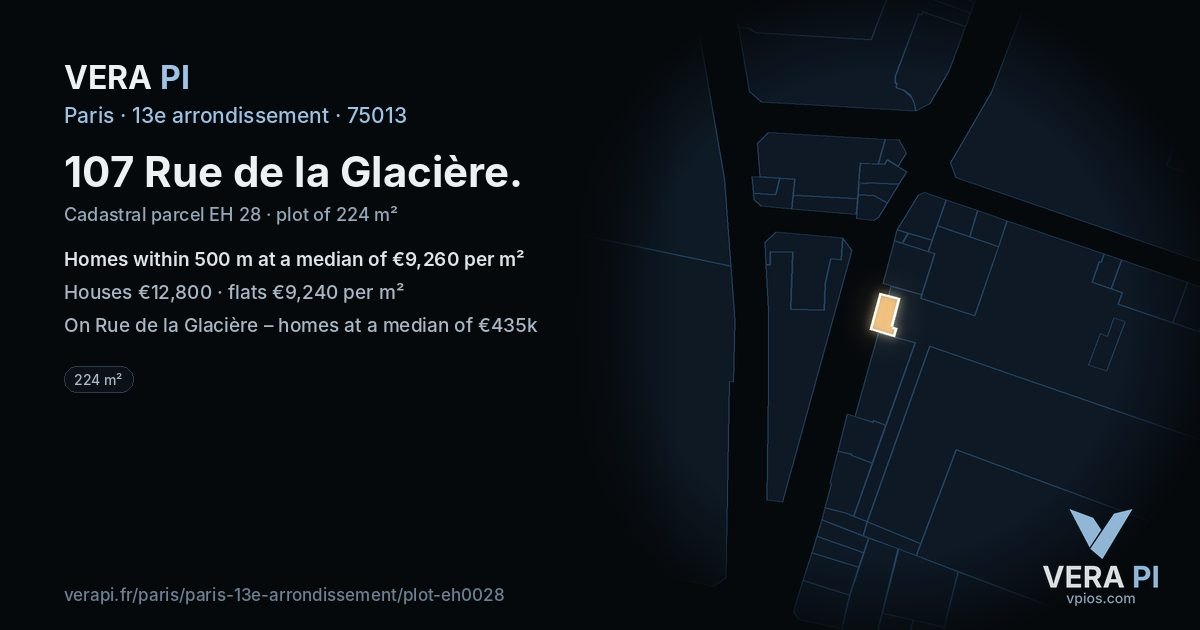 107 Rue de la Glacière, 13e arrondissement at night – the plot lit, the parcels around coloured by the prices near them