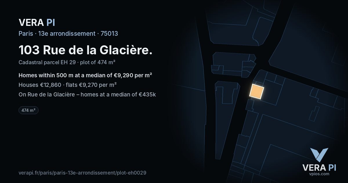103 Rue de la Glacière, 13e arrondissement at night – the plot lit, the parcels around coloured by the prices near them