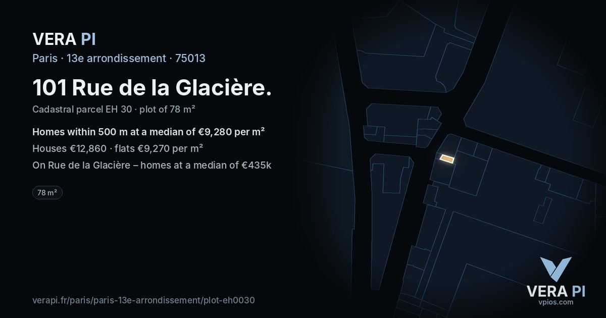 101 Rue de la Glacière, 13e arrondissement at night – the plot lit, the parcels around coloured by the prices near them