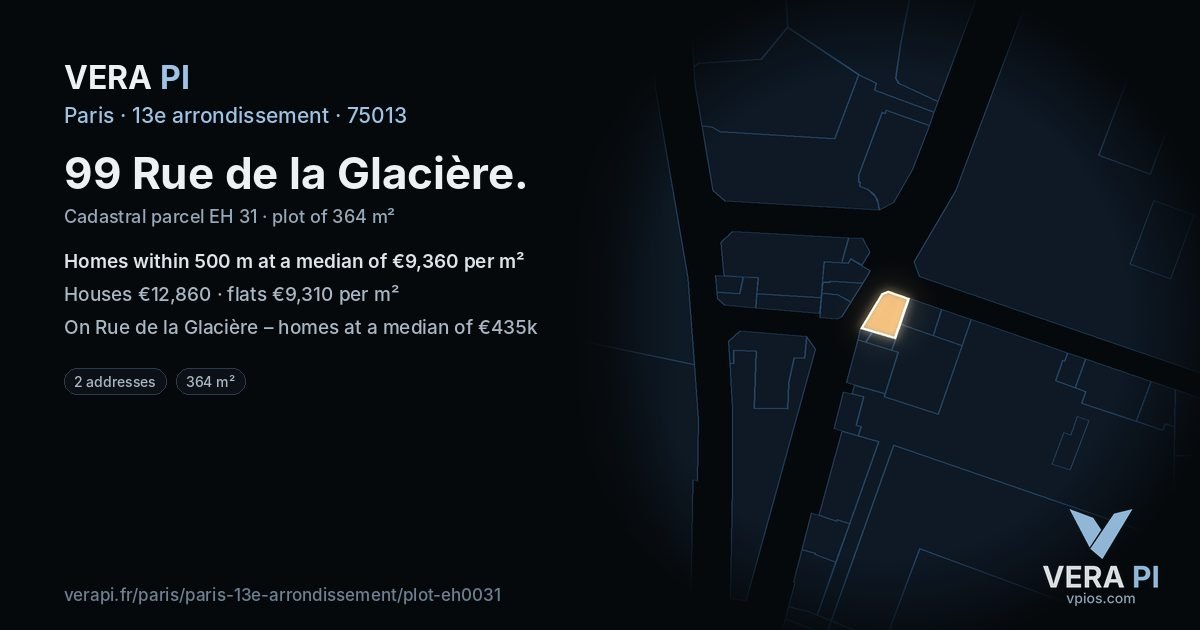99 Rue de la Glacière, 13e arrondissement at night – the plot lit, the parcels around coloured by the prices near them