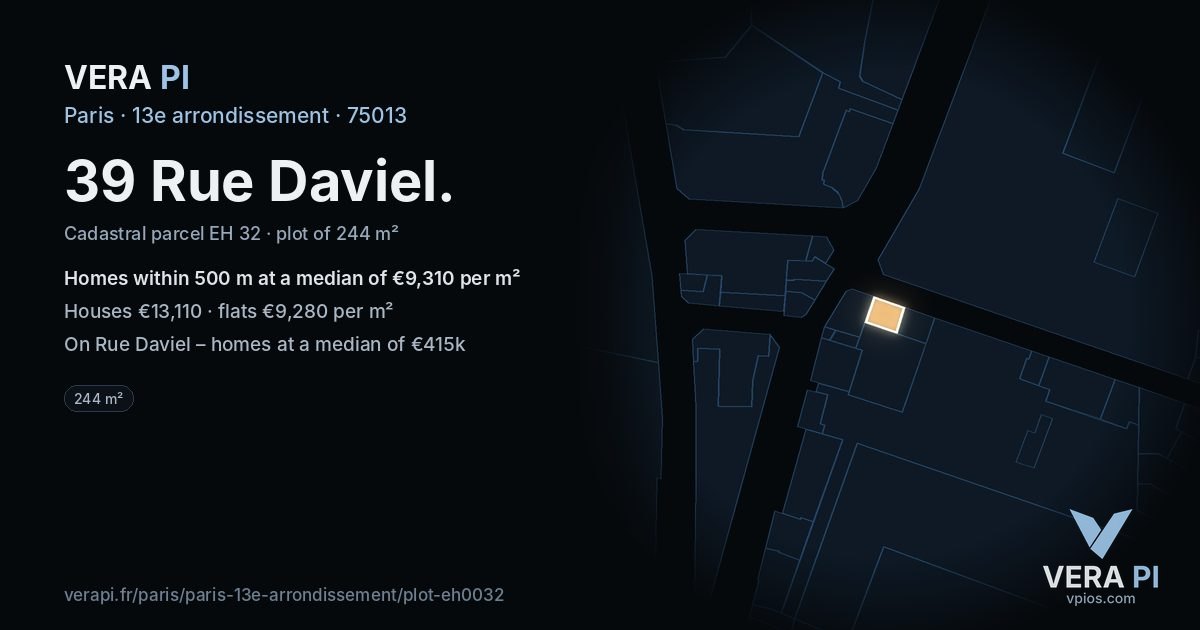 39 Rue Daviel, 13e arrondissement at night – the plot lit, the parcels around coloured by the prices near them