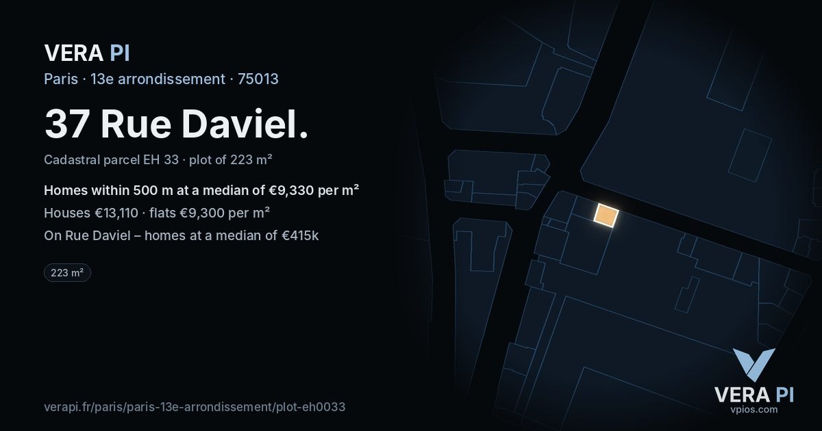 37 Rue Daviel, 13e arrondissement at night – the plot lit, the parcels around coloured by the prices near them