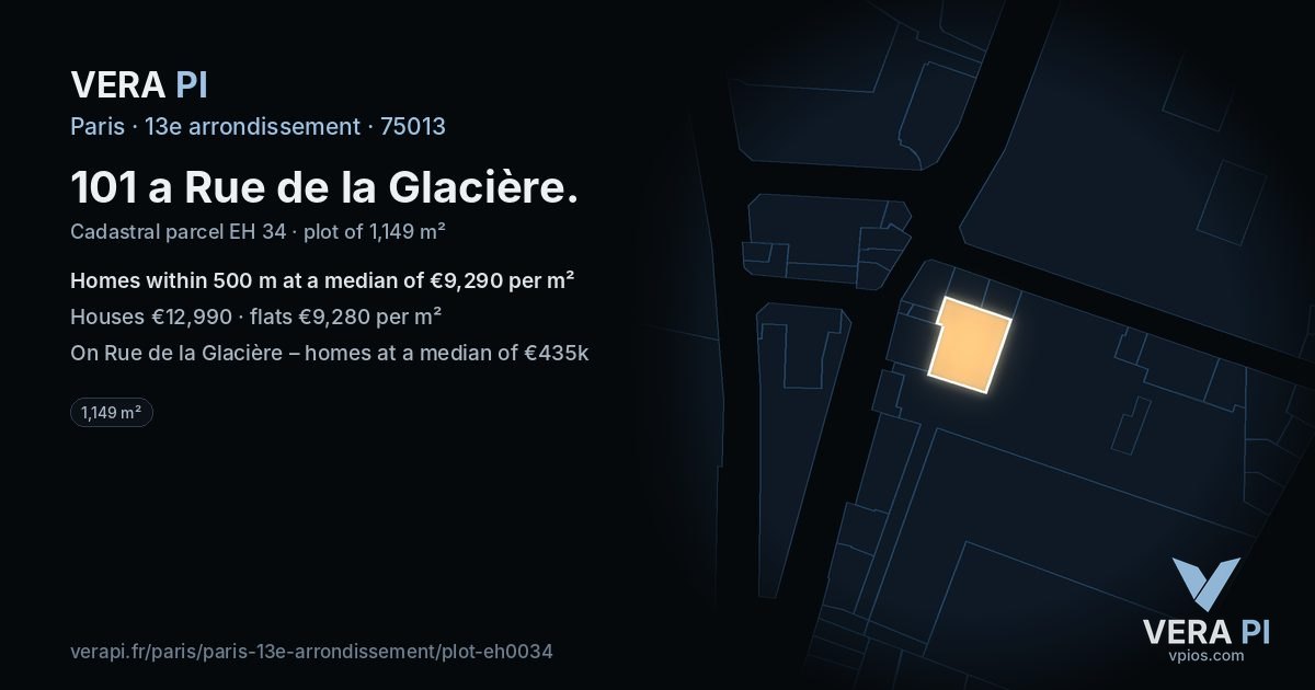 101 a Rue de la Glacière, 13e arrondissement at night – the plot lit, the parcels around coloured by the prices near them