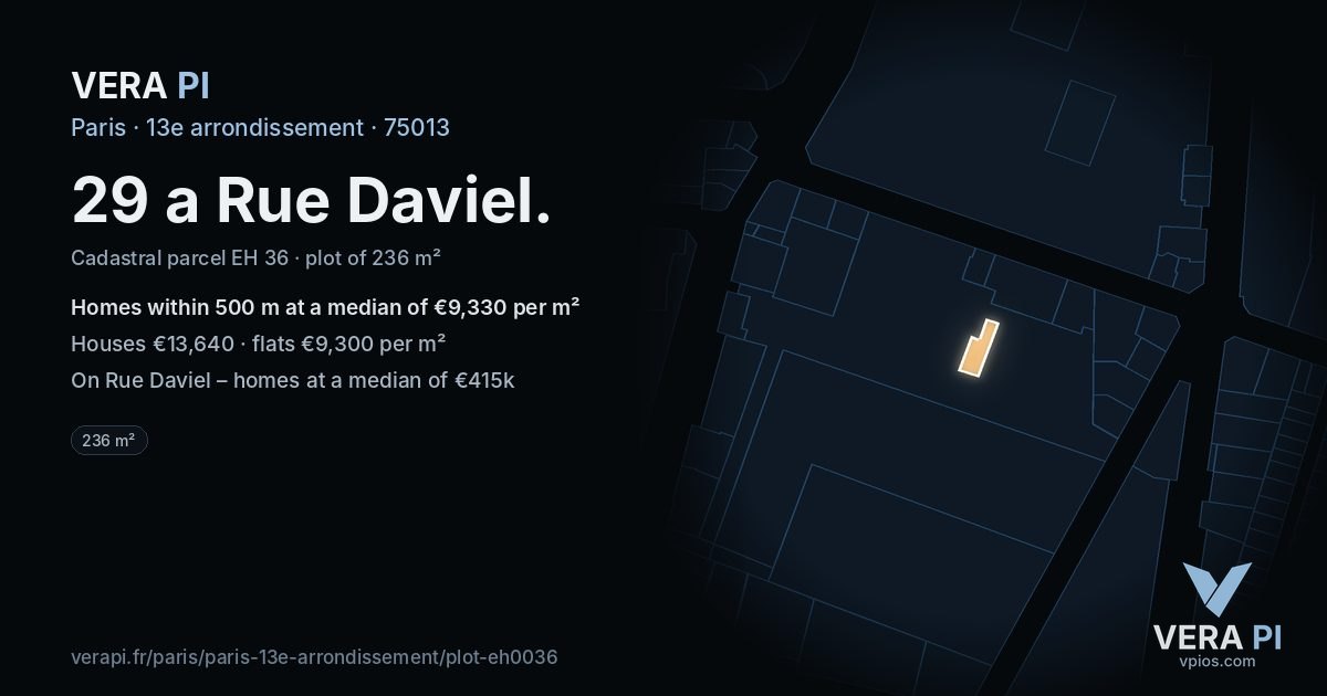 29 a Rue Daviel, 13e arrondissement at night – the plot lit, the parcels around coloured by the prices near them