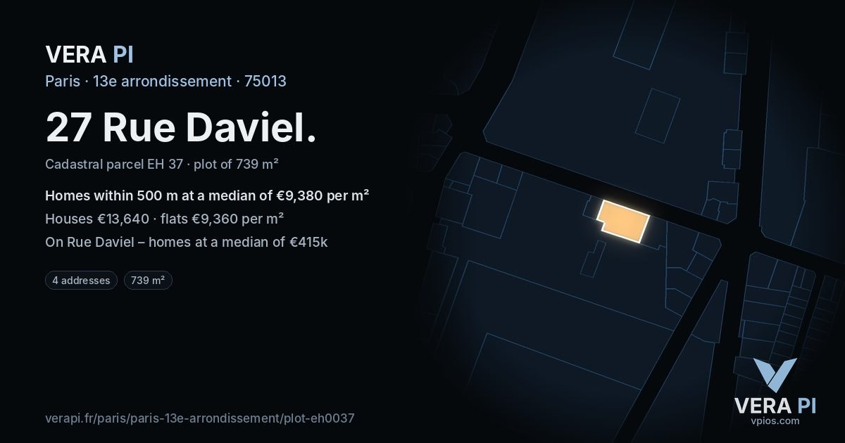 27 Rue Daviel, 13e arrondissement at night – the plot lit, the parcels around coloured by the prices near them