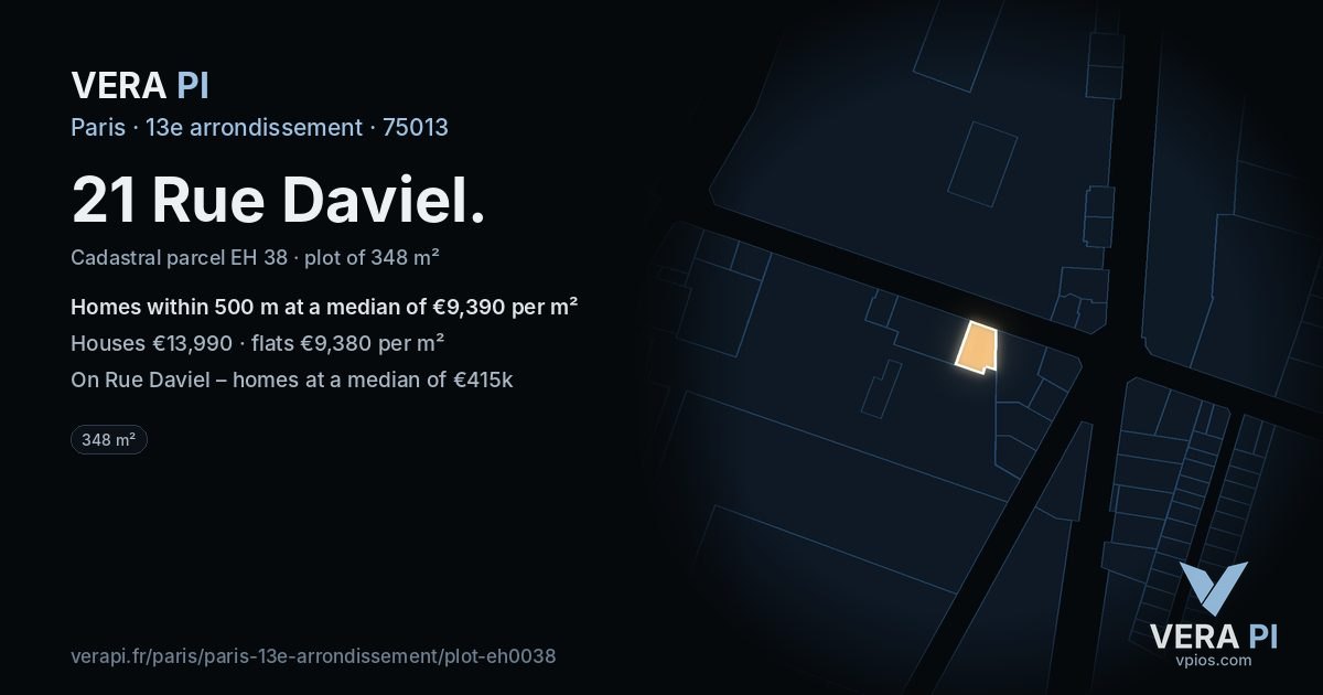 21 Rue Daviel, 13e arrondissement at night – the plot lit, the parcels around coloured by the prices near them