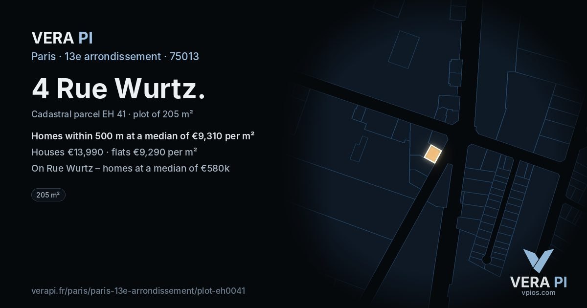 4 Rue Wurtz, 13e arrondissement at night – the plot lit, the parcels around coloured by the prices near them