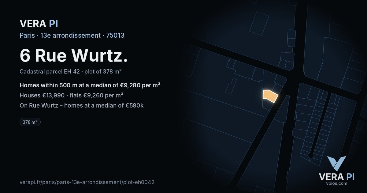 6 Rue Wurtz, 13e arrondissement at night – the plot lit, the parcels around coloured by the prices near them