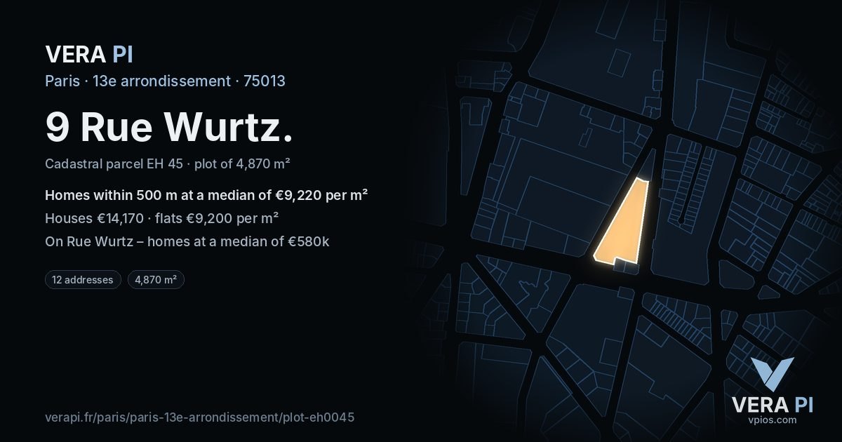 9 Rue Wurtz, 13e arrondissement at night – the plot lit, the parcels around coloured by the prices near them