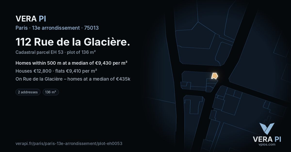 112 Rue de la Glacière, 13e arrondissement at night – the plot lit, the parcels around coloured by the prices near them