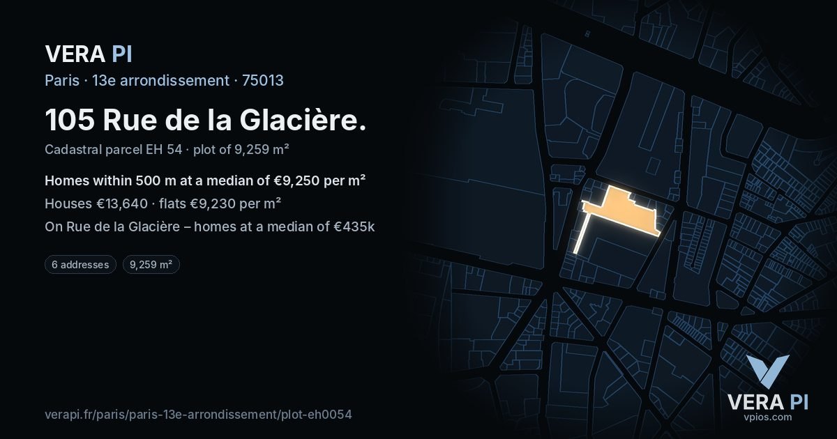 105 Rue de la Glacière, 13e arrondissement at night – the plot lit, the parcels around coloured by the prices near them