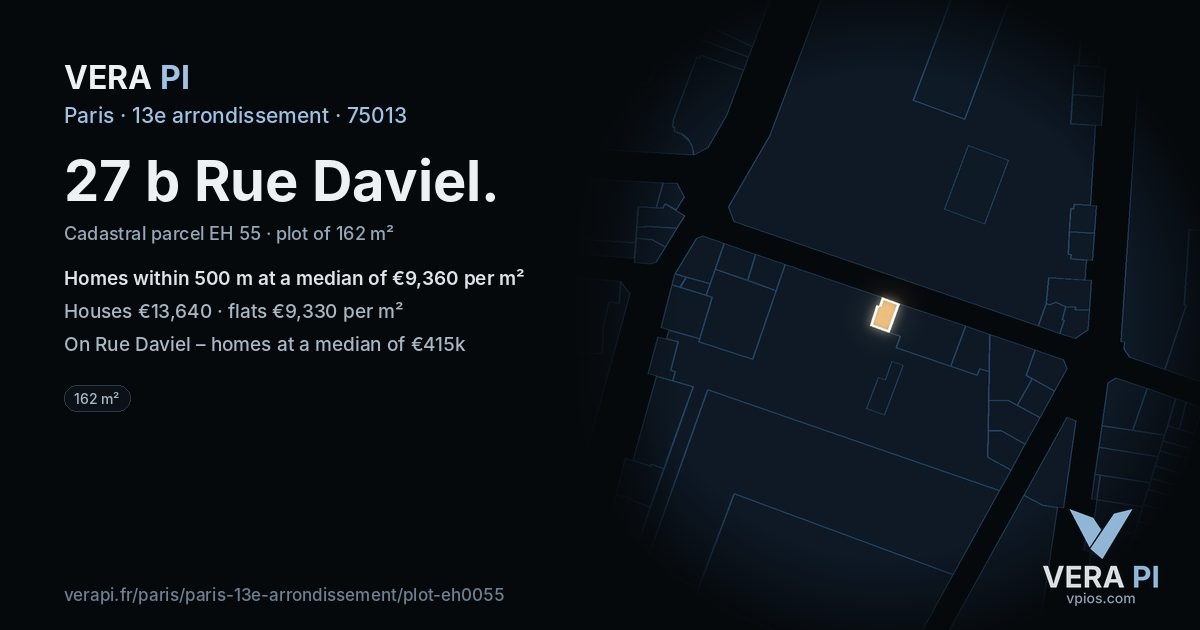 27 b Rue Daviel, 13e arrondissement at night – the plot lit, the parcels around coloured by the prices near them