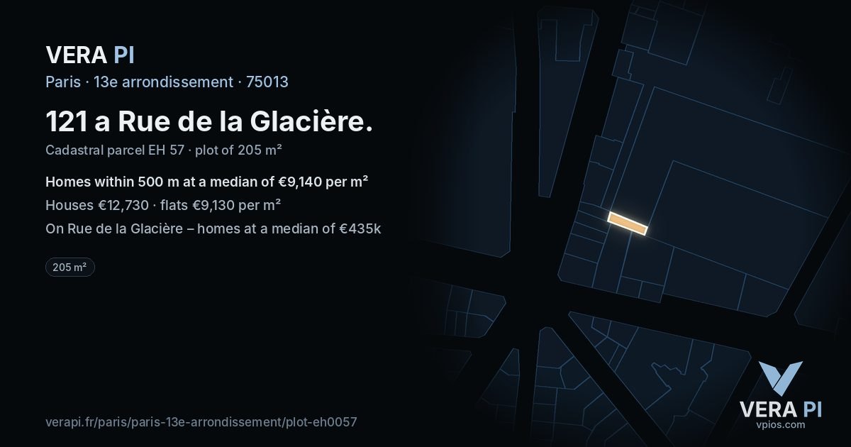 121 a Rue de la Glacière, 13e arrondissement at night – the plot lit, the parcels around coloured by the prices near them