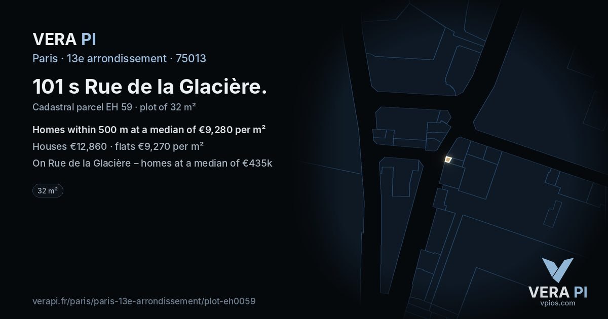 101 s Rue de la Glacière, 13e arrondissement at night – the plot lit, the parcels around coloured by the prices near them