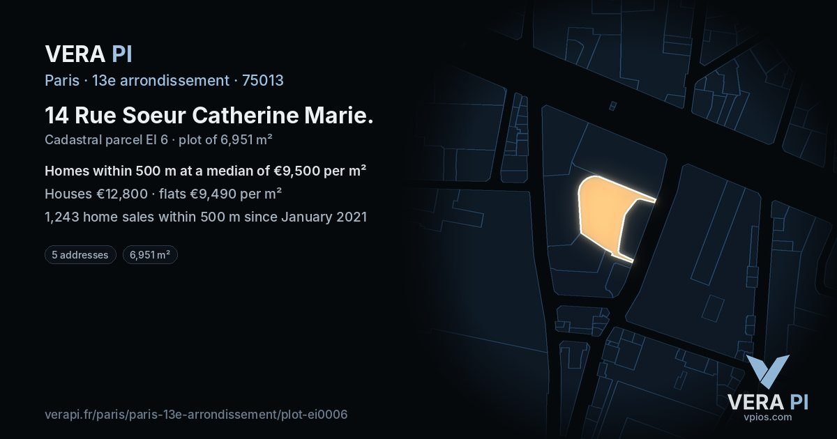 14 Rue Soeur Catherine Marie, 13e arrondissement at night – the plot lit, the parcels around coloured by the prices near them