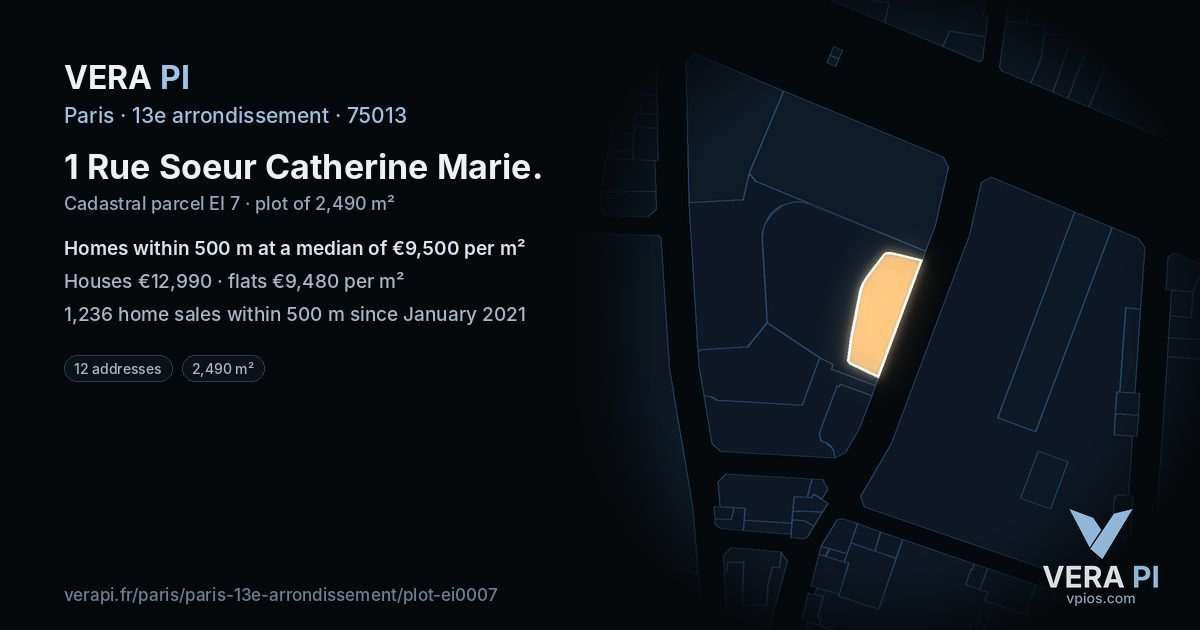 1 Rue Soeur Catherine Marie, 13e arrondissement at night – the plot lit, the parcels around coloured by the prices near them