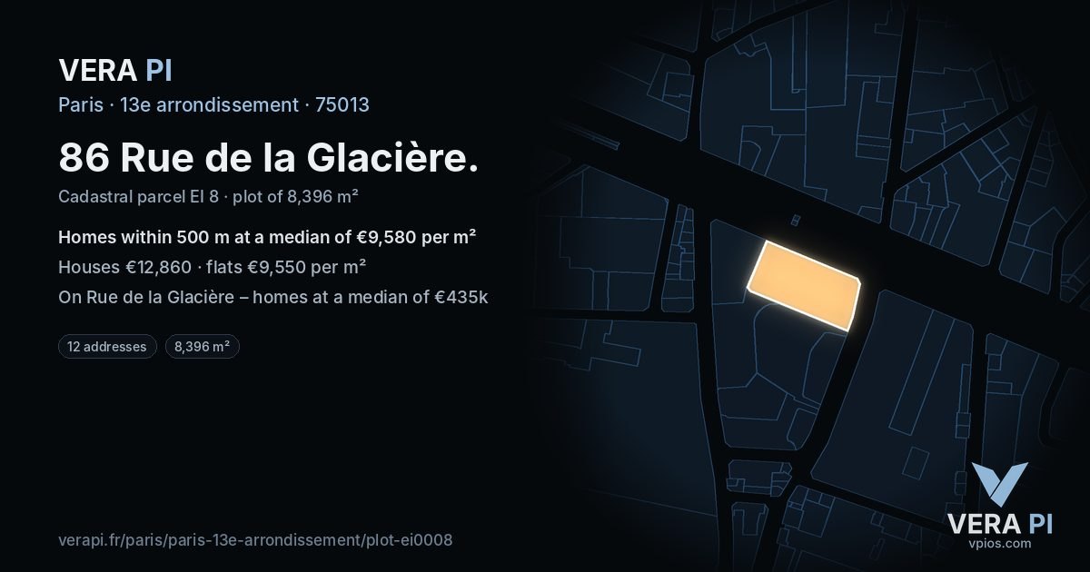 86 Rue de la Glacière, 13e arrondissement at night – the plot lit, the parcels around coloured by the prices near them